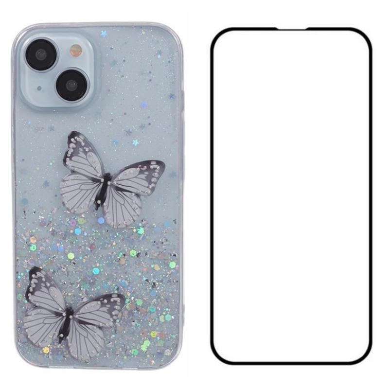 

WANLONFENG AW Series for iPhone 15 Plus Case Butterfly Glitter Bling TPU Phone Cover with HD Film White