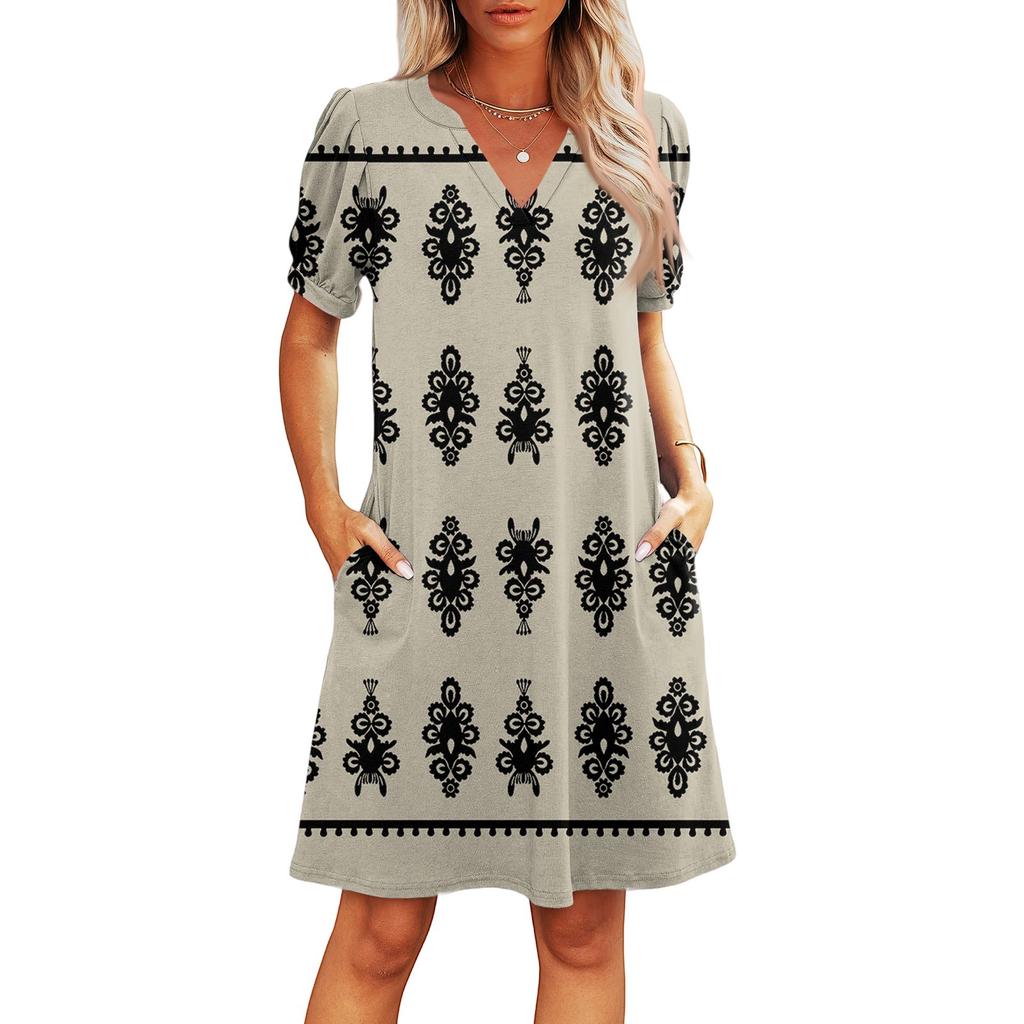 Dámské letní ležérní plážové šaty s výstřihem do V, s krátkým rukávem, pruhované, s geometrickým potiskem