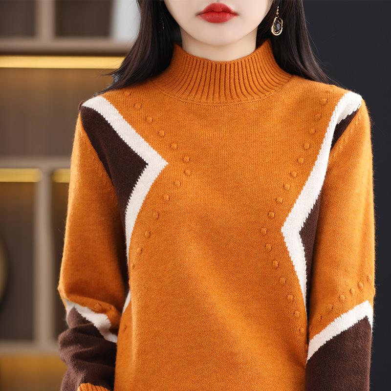 Half High Neck Sweater Women's Autumn and Winter Red Casual Knit Sweater Dragon Long Sleeved Warm Pullover Sweater