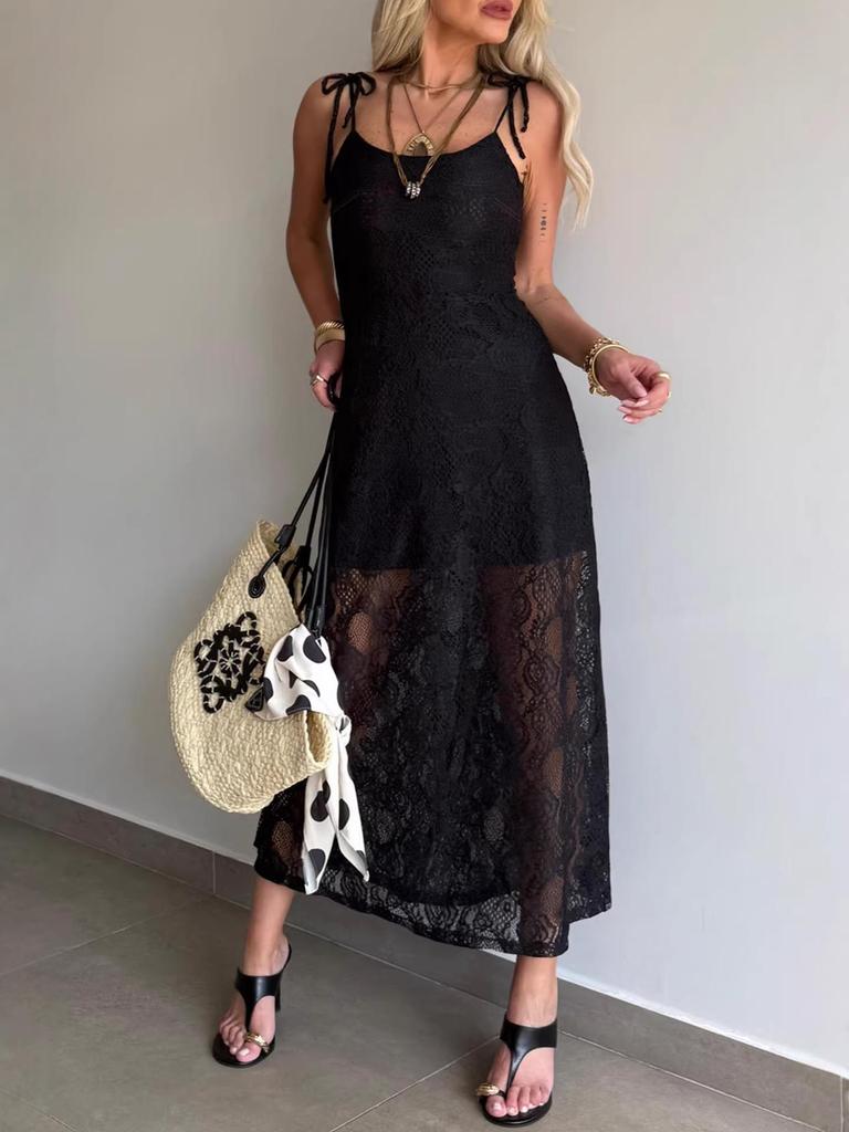 European and American Strappy Lace See-through Square Neck Slimming Long Dress for Spring and Summer.
