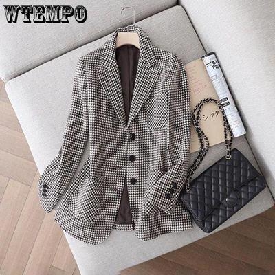 Casual Double Breasted Tweed Women Blazer Coat Długie wiosenne kurtki jesienne Płaszcze damskie Chic Office Lady Tops