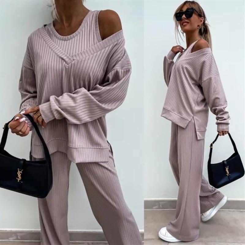 2026 New Women's Solid Color V-Neck Long Sleeve Vest Top with Casual Pants 3-Piece Outfit Set