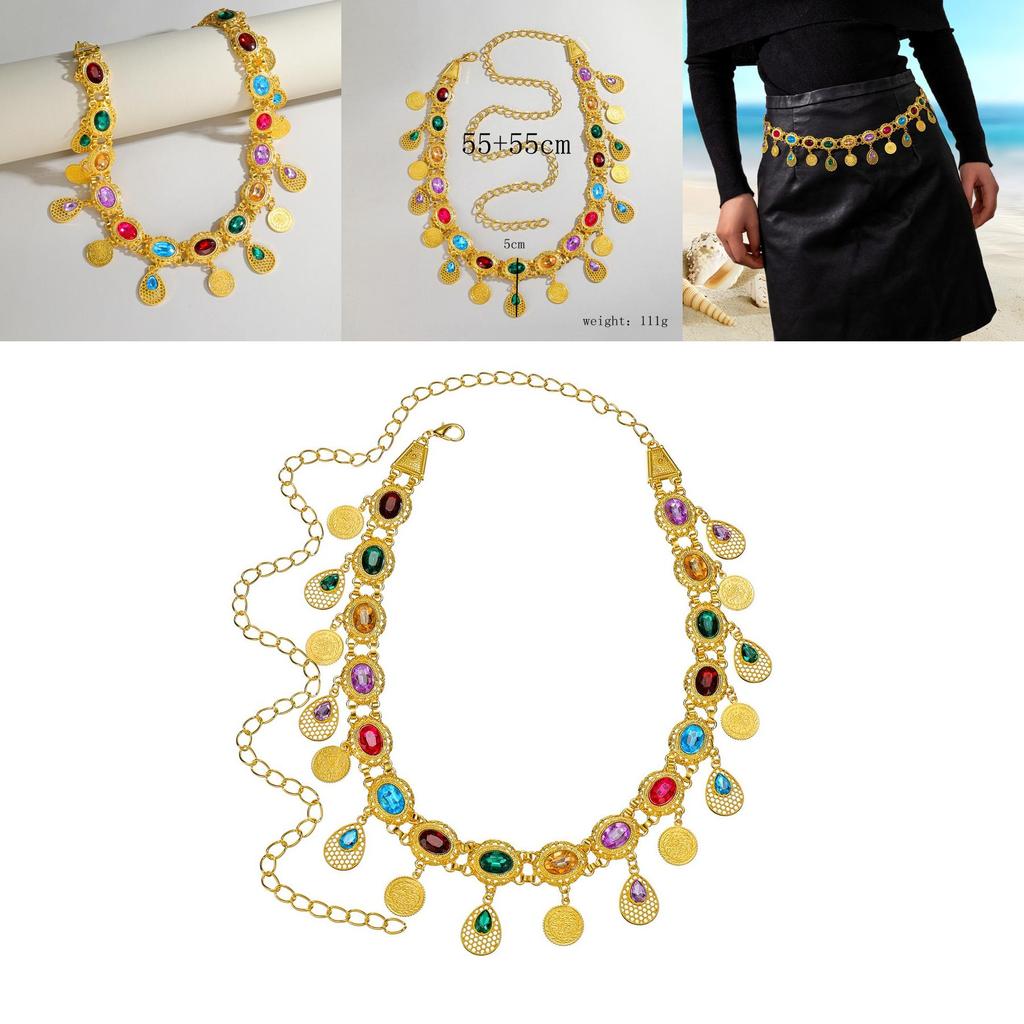 Arabic Jewelry Gold Alloy Acrylic Gem Waist Belt With Hollow Pattern For Ladies Summer Wear