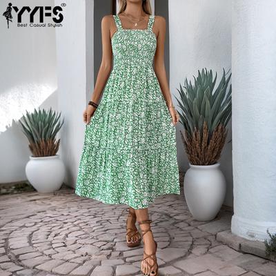 Women's Fashion Summer Spring Flower Pattern Print Sleeveless Suspenders High Waist Casual Dresses