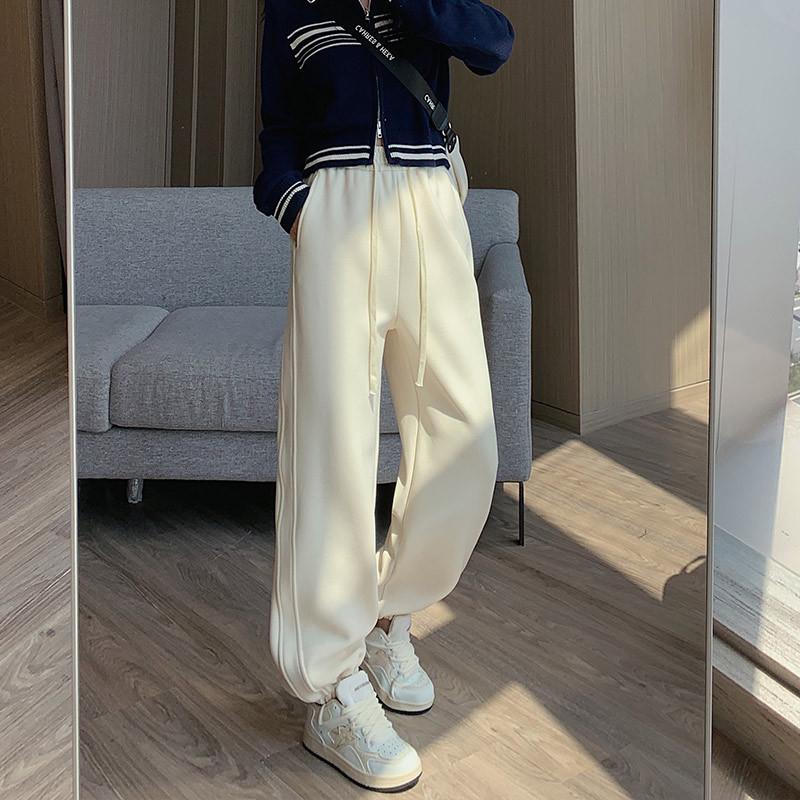 White Windproof Sweatpants for Women's Autumn New High-waisted, Thin and Drape, Loose Tied Feet, Harlan Sweatpants for Children