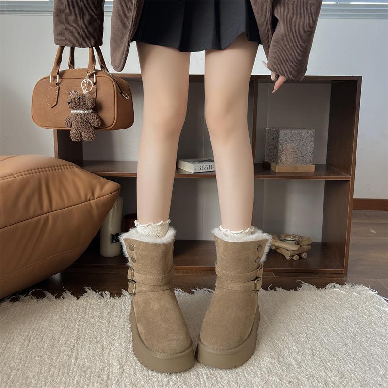 Women's Fashion Belt Buckle Lightweight Height Enhancement Soft Sole Winter Warm Fur One Snow Boots Padded Lined Non-slip Casual Sports Cotton Boots