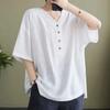 Plus Size Cotton Linen V-Neck Short-Sleeve Women's T-Shirt - Loose, Casual, Slimming Summer Fashion Top