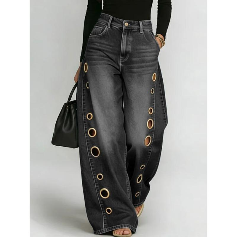 Spring and Summer New Metal Heterosexual Corns European and American Women's Clothing Solid Color Horse Slip Loose Jeans