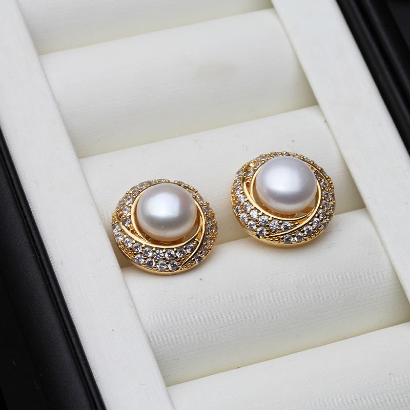 New Natural Freshwater Pearl Earrings For Woman,Flat 18k Gold Palted Pearl Earrings Wife Anniversary Gift White Pink Black