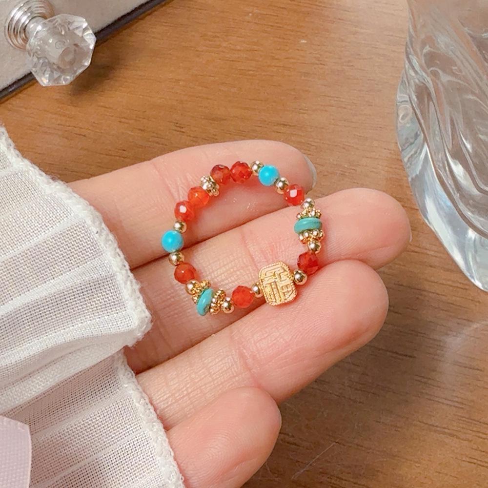 Women's Amber Agate Ring: Chinese Style, Wealth-Attracting, Tiger Eye & Lapis Lazuli, Versatile & Stylish