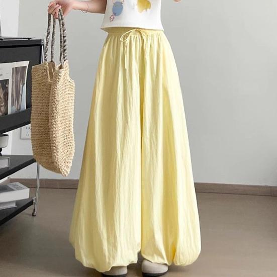 Women Pants Elastic Waistband Adjustable Drawstring Wide Leg Bud Skirt Pants with Pockets Pure Color Loose Fit Summer Pants Daily Wear