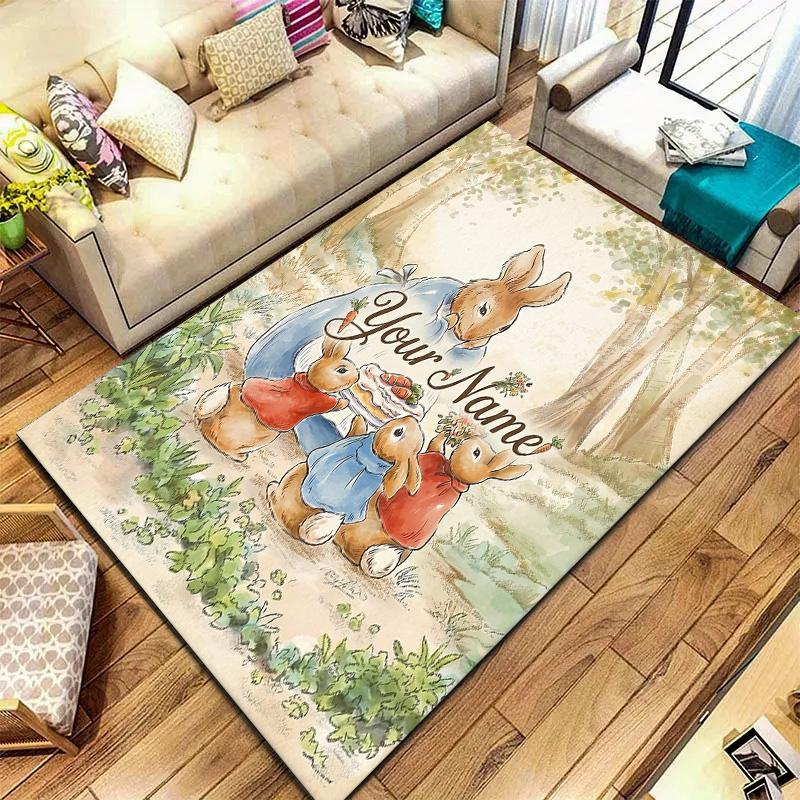 Easter Bunny Picnic Custom Name Carpet Rug For Living Room Bedroom Home Sofa Decoration Kids Play Nonslip Floor Mat