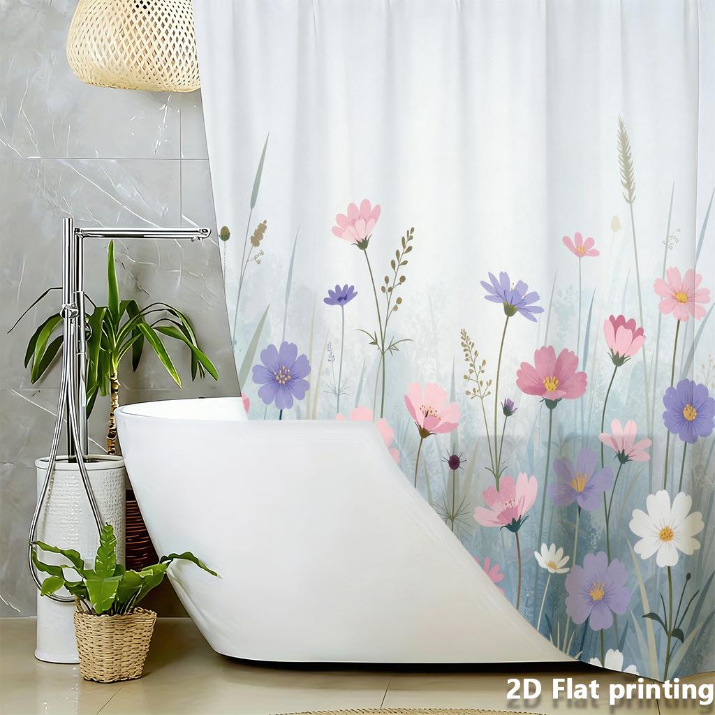 Pastel Floral Shower Curtain 1Pc Polyester 2D Flat Print 70.8X70.8 Inch Soft Watercolor Wildflowers Modern Bathroom Decor