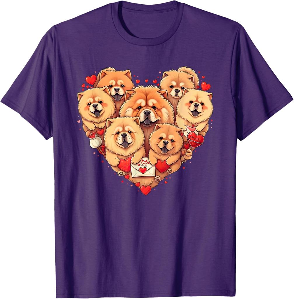 Chow Chow Heart Valentine Dogs Graphic Tee Short Sleeve Crewneck Casual Cotton T-Shirt for Men Women