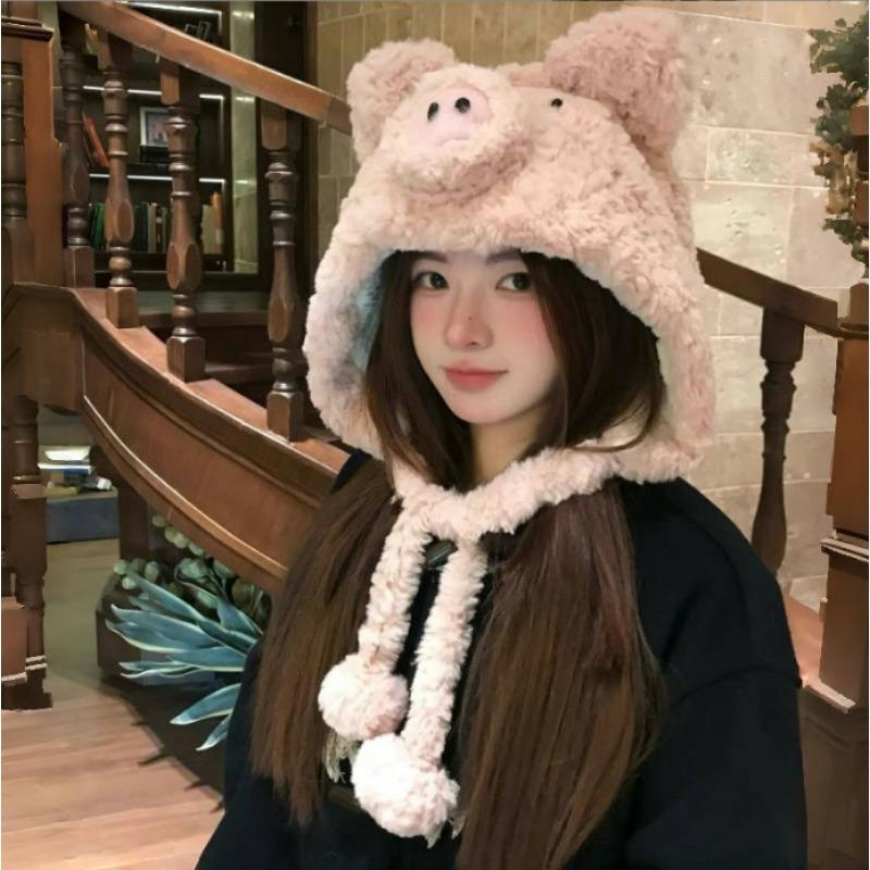 Plush Cartoon Cute Pig Shaped Autumn and Winter Warm and Cold Resistant Thick Protective Creative Fun Hat Practical and Warm