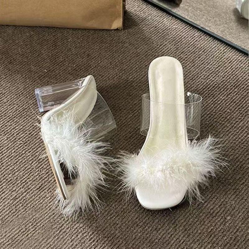 Summer new one-word slippers femininity fluffy decorative cool slippers temperament thick heels high heels