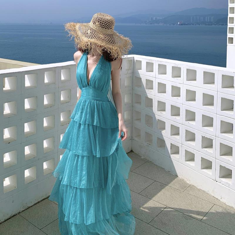 Thailand seaside vacation long dress cake skirt neck halter dress women Sanya waist thin beach skirt summer S