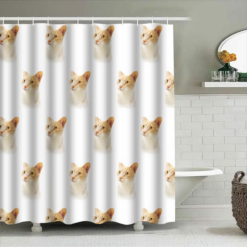 Adorable Cat Face Shower Curtain Modern Bathroom Decor For Pet Lovers White Yellow Kitten Print Home Decoration Wall Art