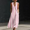 Dames Gestreept V-hals Knopen Mouwloos Maxi Jurk Katoen Linnen Lange Vestjurk Casual Losse Pasvorm Zomerstijl