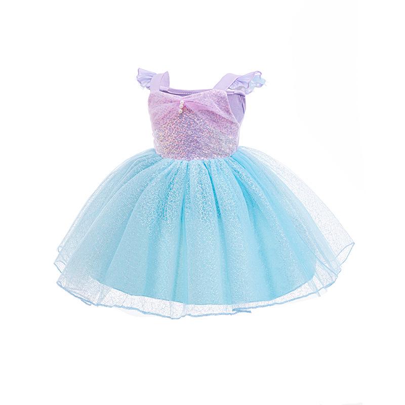 Girls' Mermaid Princess Beaded Lace Dress: Cosplay Costume with Puff Sleeves for First Birthday
