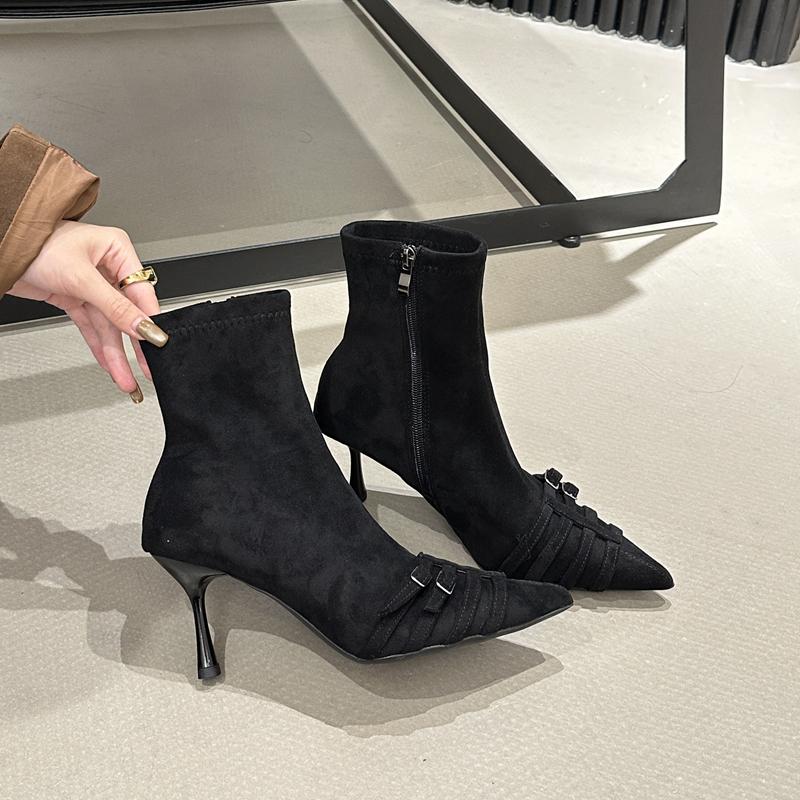 

SUOJIALUN New Brand Women Ankle Boots Fashion Pointed toe Thin High Heel Dress Chelsea Pumps Ladies Elegant Short Boots Sh 35