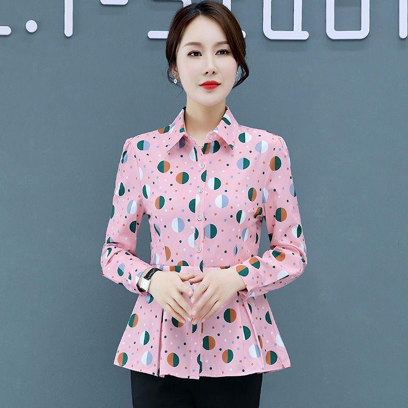 Women Clothing Polka Dot Printed Blouse Commute Long Sleeve Korean Single-breasted  Polo-Neck Fashion Shirt