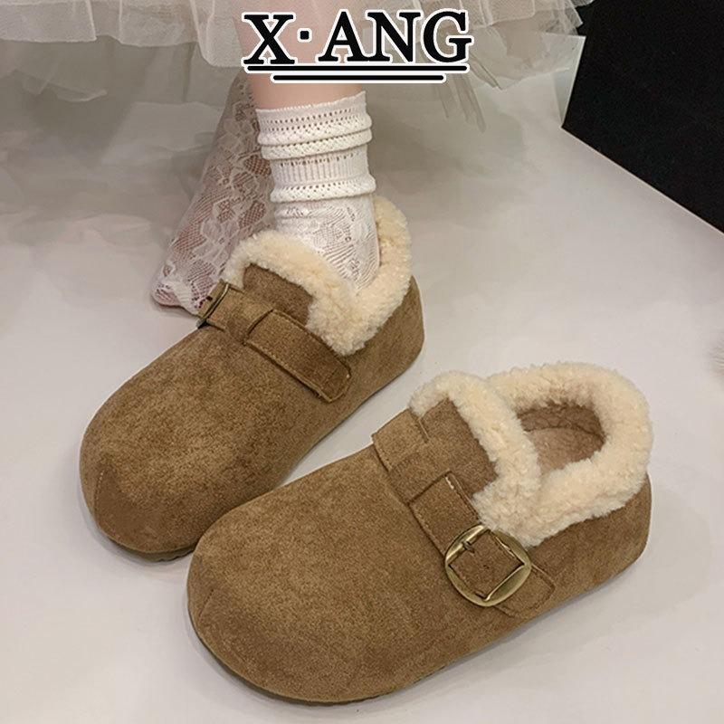 Damen-Samtschuhe mit dicken Sohlen, komplett aus Rindsleder, gefüttert mit verdickter Thermobaumwolle, Slipper aus Lammwolle