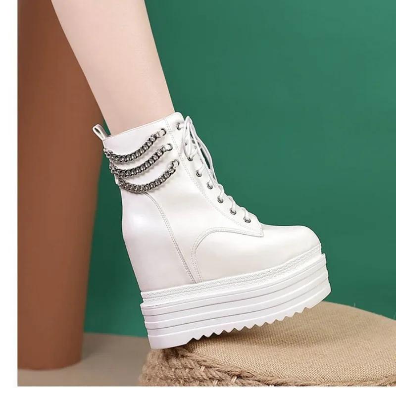 Fashion 13CM Women's Trendy Platform Boots Fashion Side Zipper Buckle Strap Design Height Increasing Stylish Mid Calf Boots Wedge Heel