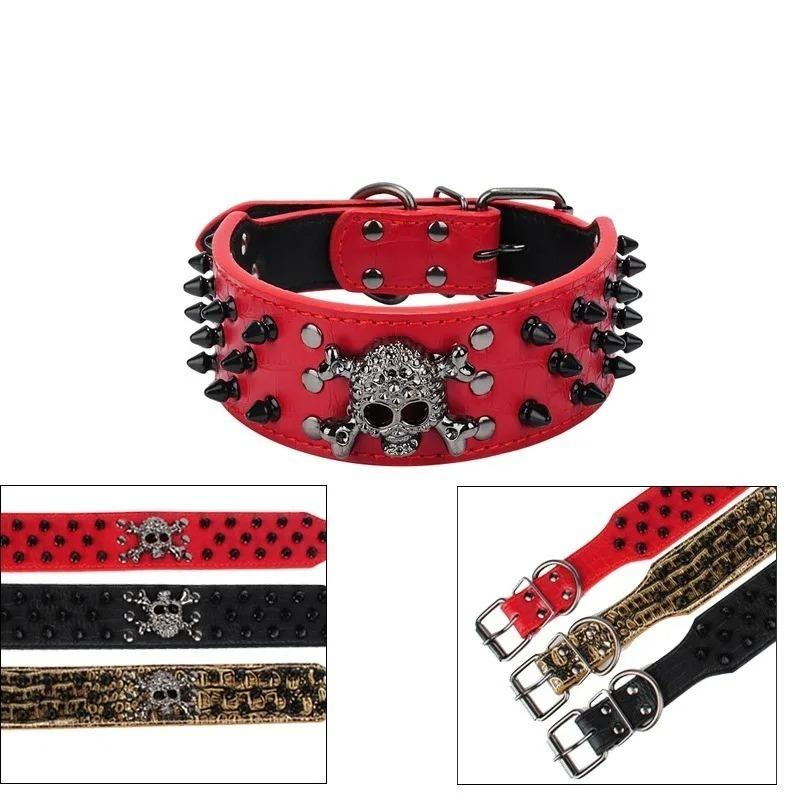 2" Wide Spiked Studded Leather Dog Collar Bullet Rivets with Cool Skull Pet Accessories for Meduim Large Dogs Pitbull Boxer XS-L