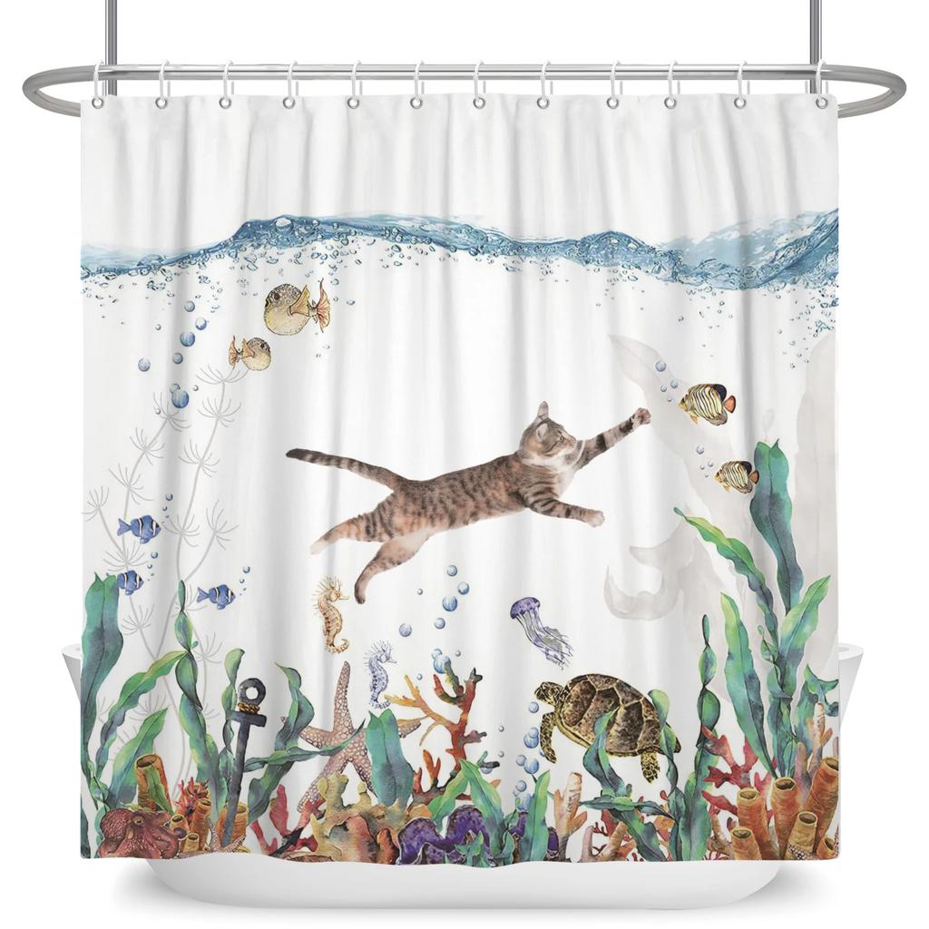 Hrdinský Velký bílý žralok s pistolí Kočka Vtipný sprchový závěs Pro kryt vany Kryt koupelny Koupání Extra velký Široký 12 ks háčků