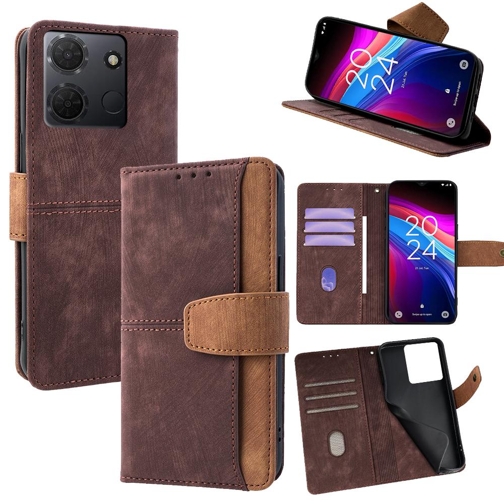 

For TCL 503 Case RFID Blocking Color Splicing PU Leather Wallet Phone Cover Brown