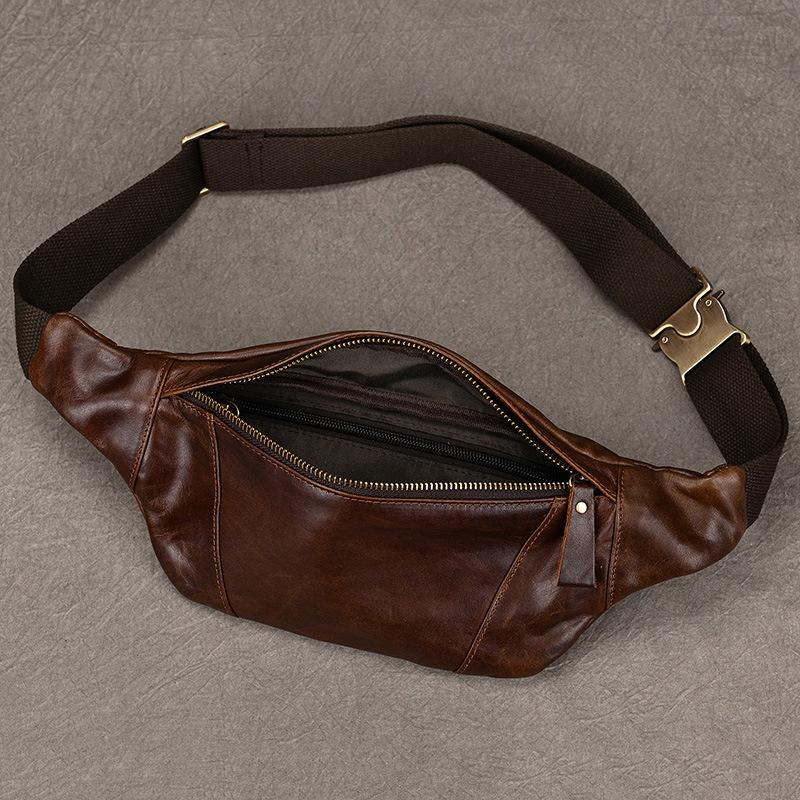 Creative and Fashionable Leather Chest Bag, Men's Shoulder Bag, Black Women's Crossbody Bag, Top Layer Cowhide Waist Bag, Mobile Phone Bag