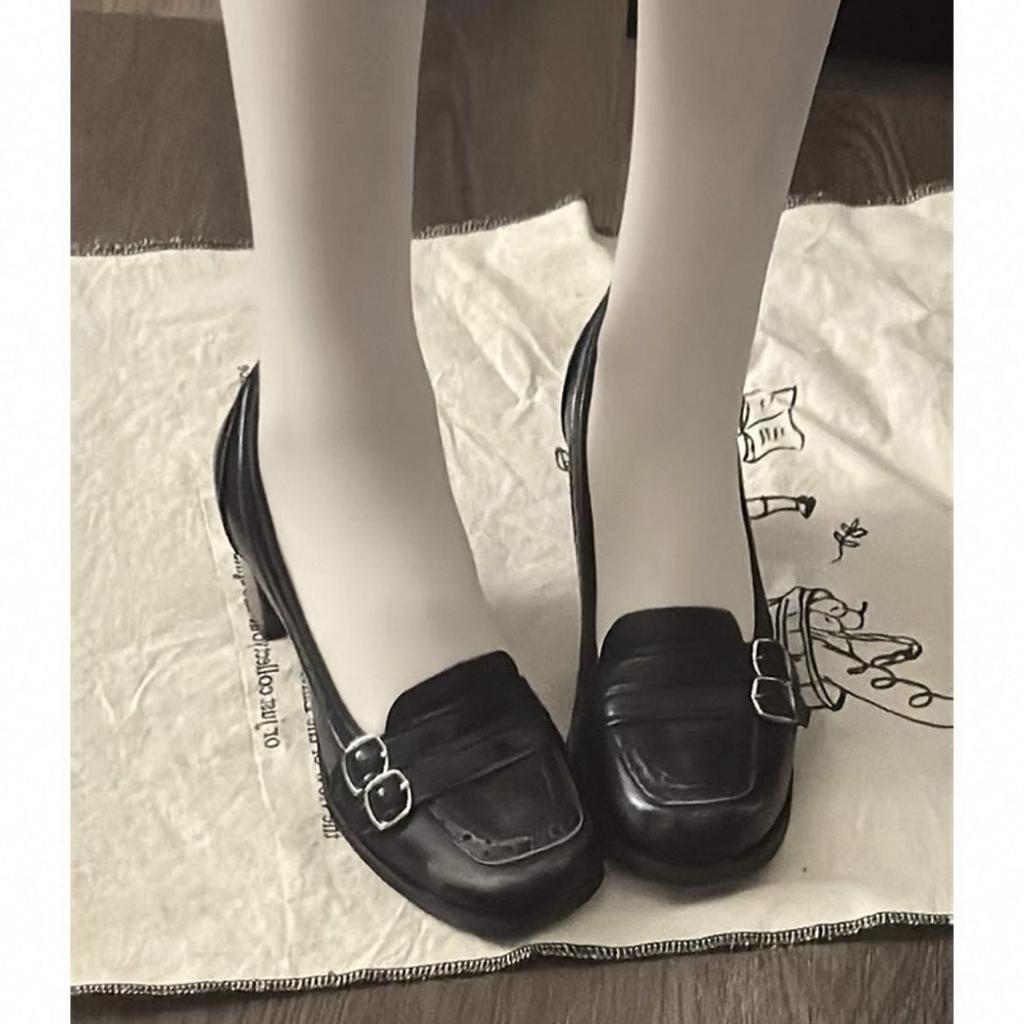 Thick Heel Loafers European 100-buckle Year-old High Heel Mary Jane Small Leather Shoes with Skirt