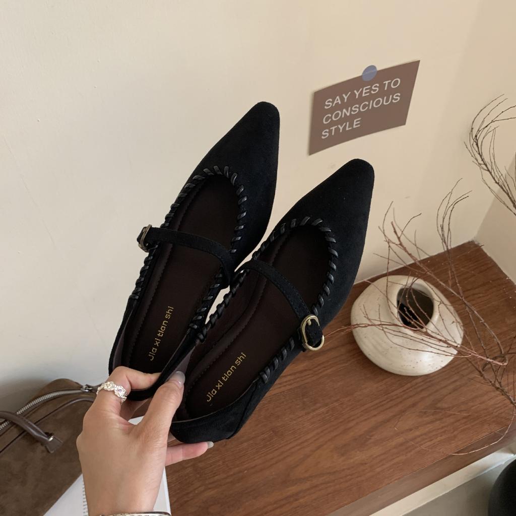 French suede light mouth low heel women's late evening breeze 2025 new spring and autumn pointed temperament word with Mary Jane single shoes