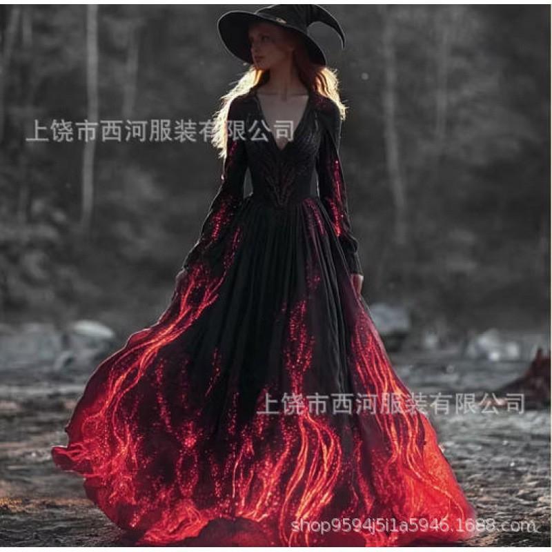 Abito Lungo da Donna con Stampa Sfumata Teschio Rosa Gotico Streetwear di Halloween