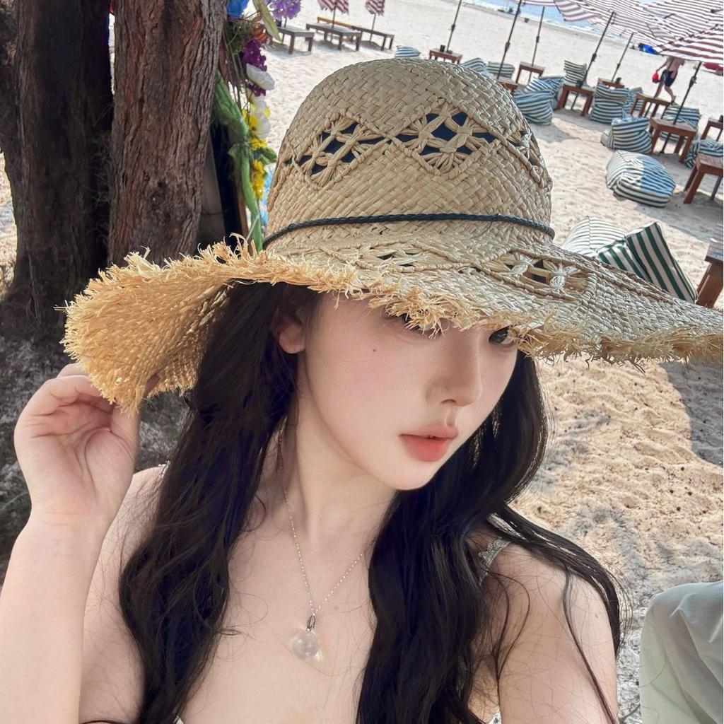 Hollow Lafite Straw Hat Custom Summer Big Brim Sun Hat Seaside Vacation Sun Protection Hat To Map the Source of Samples