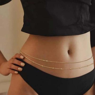 Cadenas de Metal de Doble Capa con Cuentas para el Vientre para Mujeres Cadena de Cintura Corporal Dorada Simple Joyería para Fiesta en la Playa