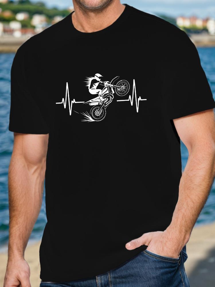 Motocross-Fahrer Grafik mit EKG-Design 100% Baumwolle Sommer Freizeit Rundhals Kurzarm Bedrucktes Herren T-Shirt