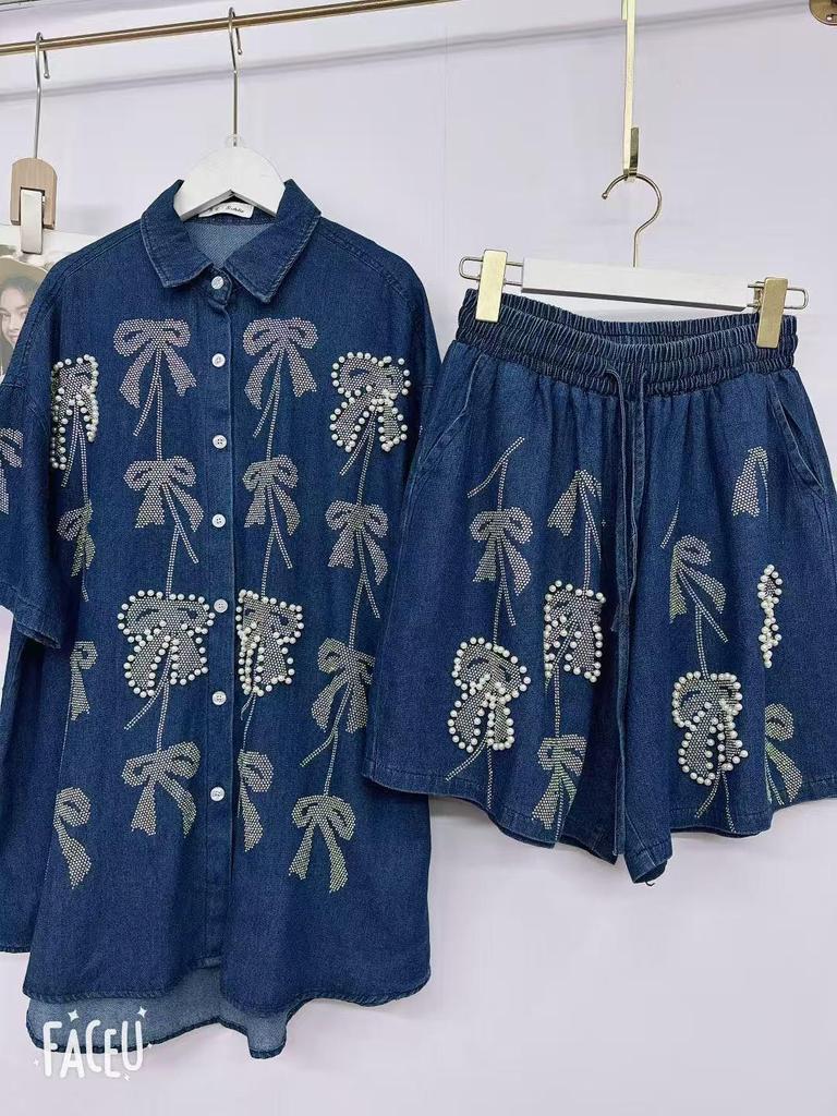 Stilvolles Damen-Zweiteiler-Denim-Set - Strickjacke & Shorts, Europäisch inspirierter lockerer Schnitt