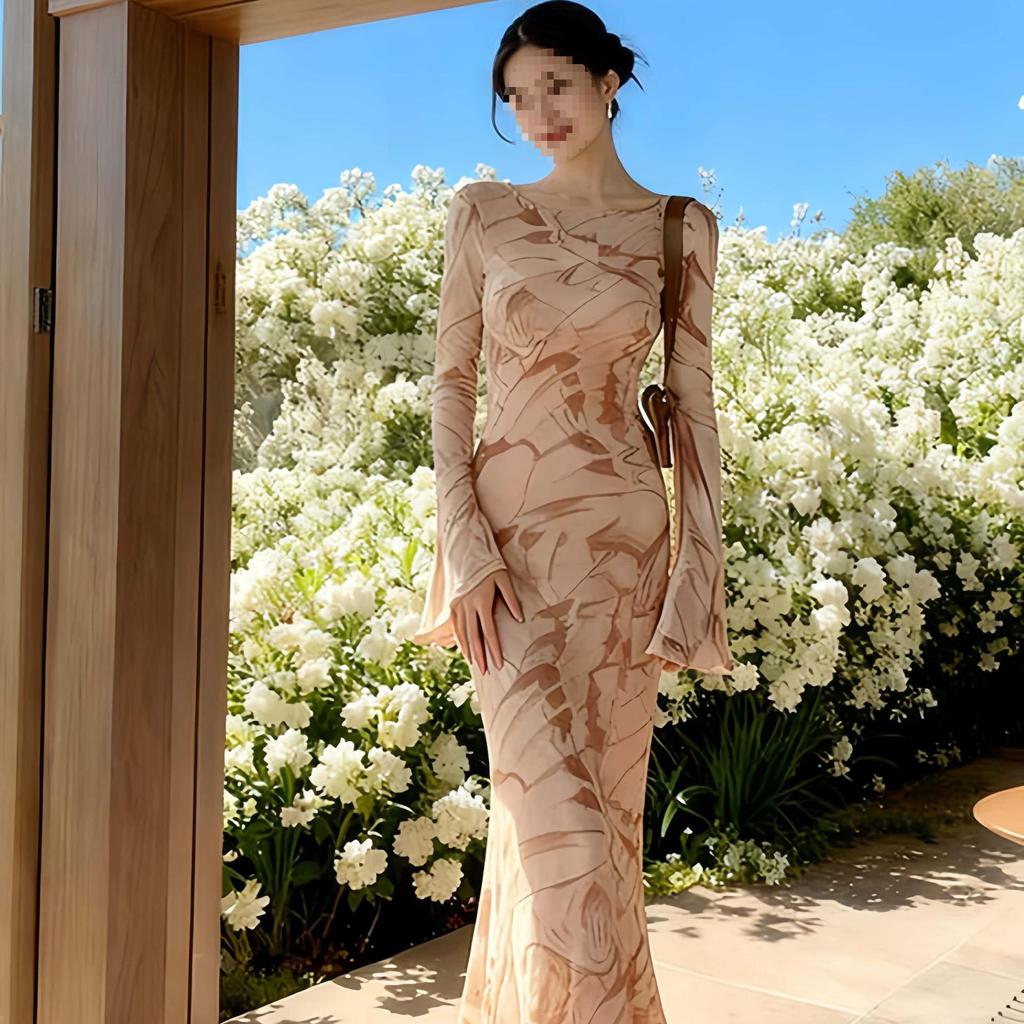 Elegant Autumn Flare Sleeve Maxi Dress: Slim Fit, Cinched Waist, Mermaid Silhouette