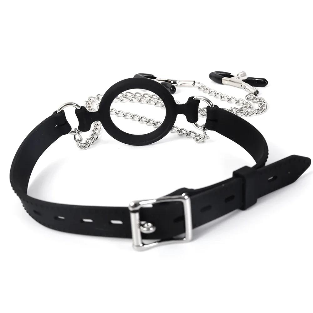 All Silicone Open Mouth O Ring Gag With Nipple Clamps  Bondage Harness Locking Belt Sexyshop Erotic Accessories For Adults