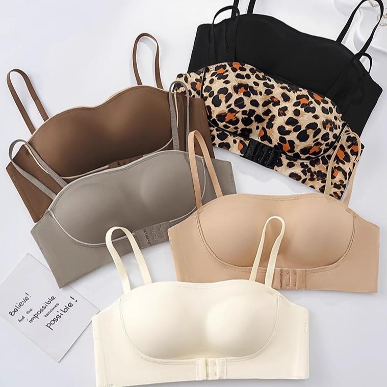 Sexy Leopard Print Strapless Women's Gathering Non Slip Bra with Seamless Lifting and No Steel Ring Bra Front Button Bra