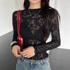 New Women's Small Stand-up Collar Transparent Lace Tight Long-sleeved T-shirt Tops for Women