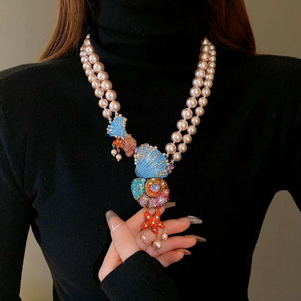 Double-layer Pearl Beaded Necklace Exaggerated Beach Style Jewelry Shell Conch Earrings  Women