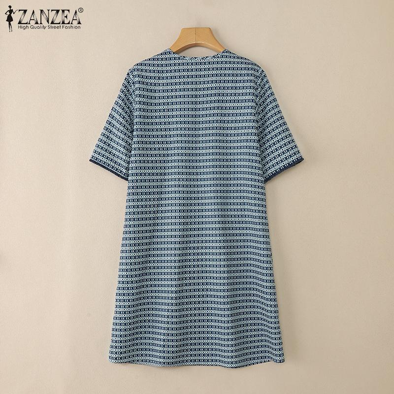 ZANZEA Women V Neck Puff Sleeve Smooth Print Casual Loose Tunic Dress