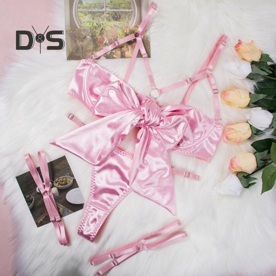 2Pcs/Set Women Sexy Faux Satin Underwear Set Lace Up Bowknot Underwire Push Up Bra Adjustable Strappy Thong Set