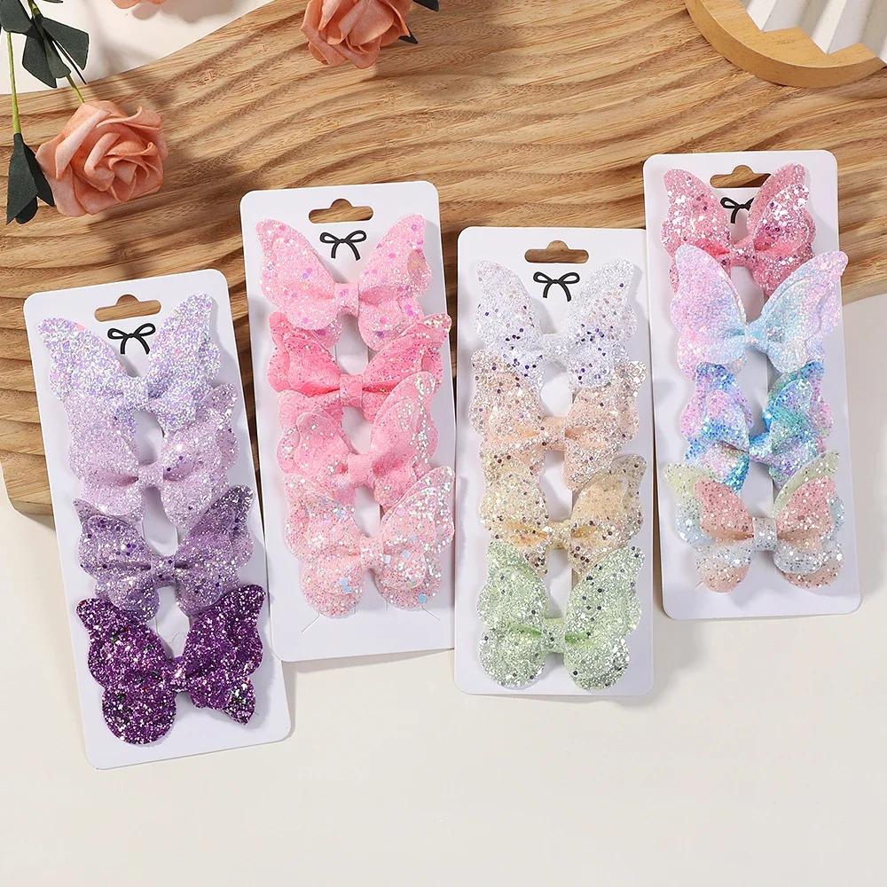 4Pcs/set Cute Sequins Double Butterfly Hair Bows Clip for Baby Girls Leather Kids Hairpins Barrettes Headwear Hair Acesssories