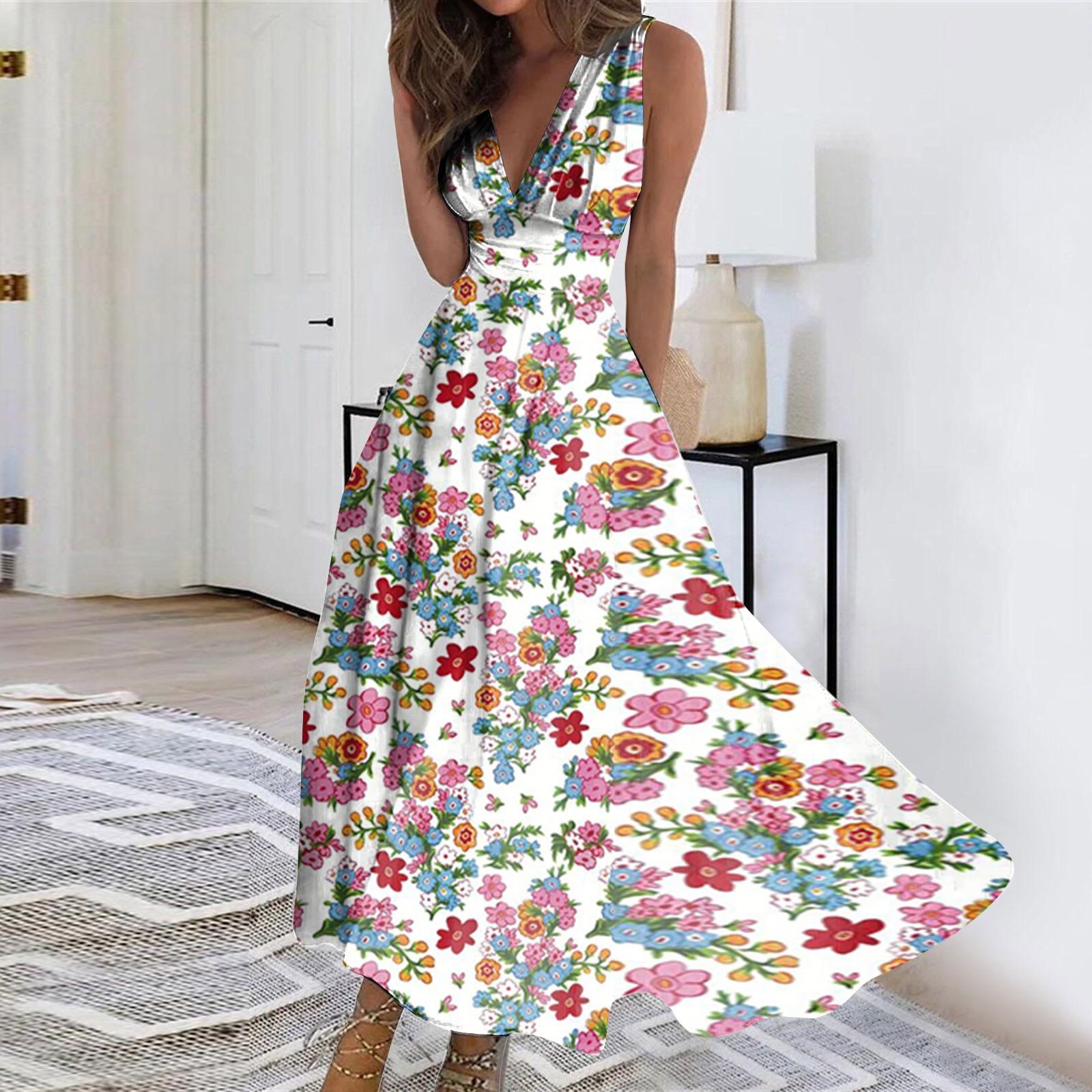 

Женское длинное платье Платье макси Повседневное платье Летнее повседневное платье без рукавов с v-образным вырезом в стиле бохо с талией и принтом XXXL