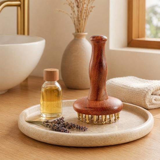 Copper Massage Brush, Gua Sha Comb with Wood Handle And Brass Balls, Brass Massage Tool, Facial Massager for Face, Jawline, Scalp, Eye Care, Body