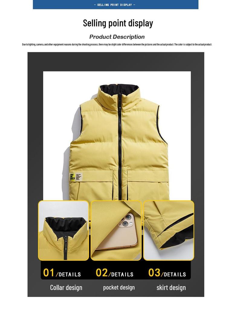 In-Stock Men's & Women's Double-Sided Thickened Down Cotton Vest with Stand-up Collar - Warm, Trendy, Casual for Autumn/Winter